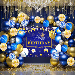 63 PCS Royal Navy Blue Gold Happy Birthday Party Balloons Set with Photo Backgro