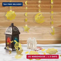 AhfuLife Eid Mubarak Hanging Decorations for Home, 6 Pcs Pre-Tied Hanging Golden