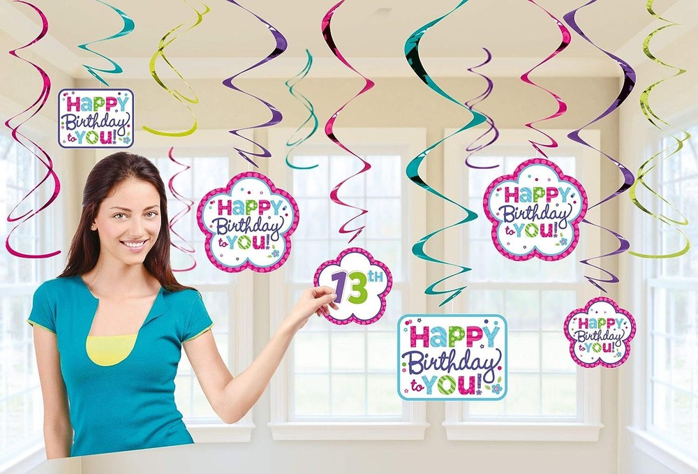 Purple & Teal Bright Polka Dot Stripe Birthday Party Hanging Swirl Decorations