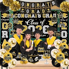 Class of 2026 Graduation Decorations – Black & Gold Party Set with Banner, Backd