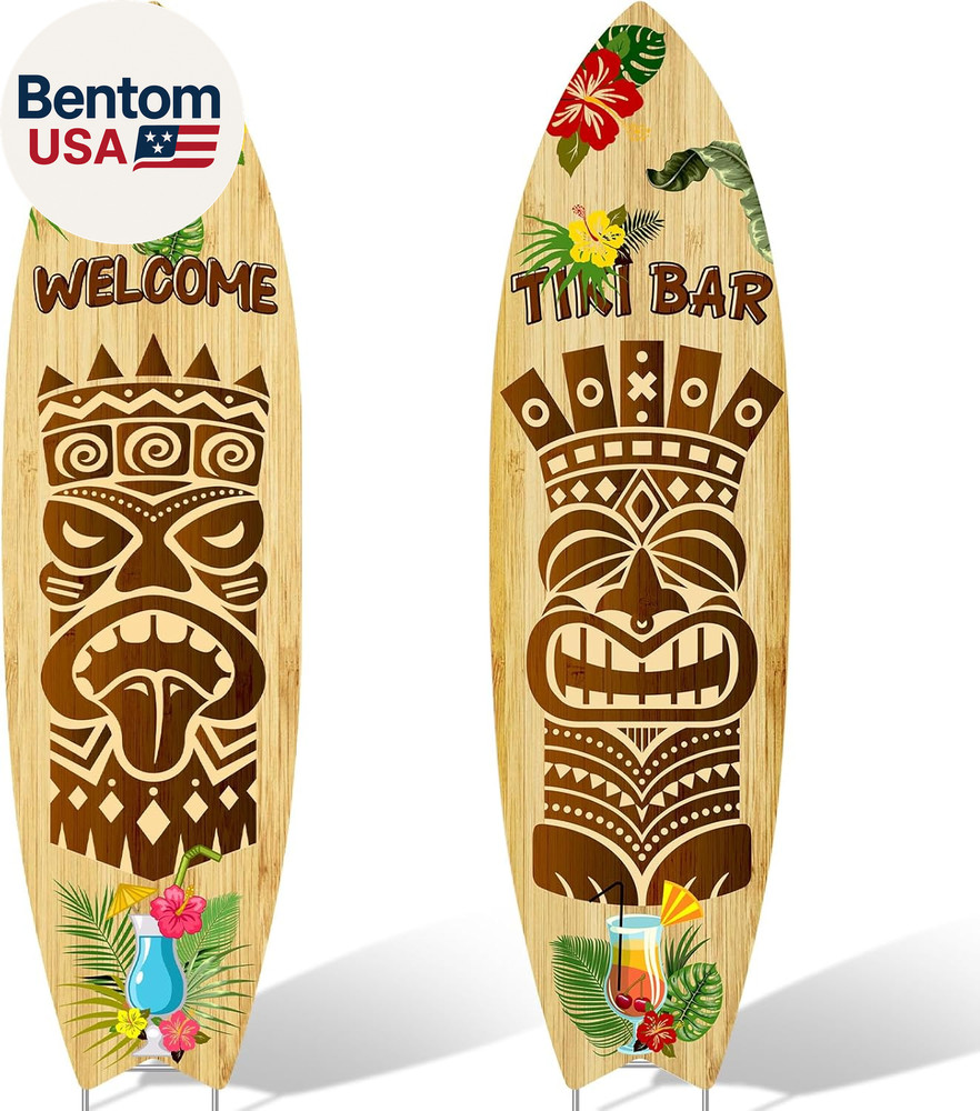 2 PCS Tiki Bar Surfboard Yard Signs Surfboard Beach Signs with Stakes Hawaiian L