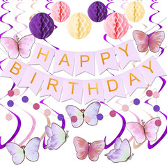 Happy Birthday Banner with Honeycomb Balls, Butterfly Hanging Swirl Streamers, C