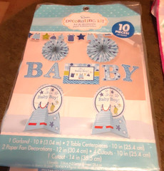 Baby Shower Decorations for Boy Blue/White Set Decor Games Plates Cups Satch