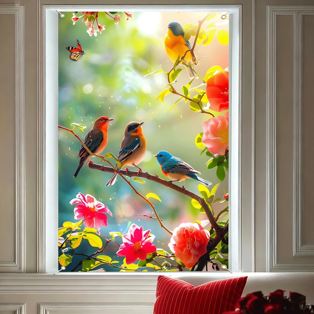 Spring Birds Window Banner 31.5 x 47 Inches Floral Bird Window Decorations Co…