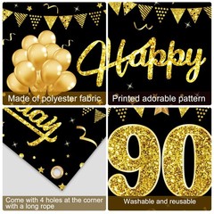 90Th Birthday Banner, Black Gold Yard Sign for Party Decorations, 90 Year Old Th