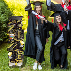 4 Pcs Graduation Yard Signs Class of 2026, Large Black Gold Congrats Grad Sign w