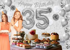 Silver & White 35th Birthday Decorations – 40″ Number Balloons &More-Boy or Girl