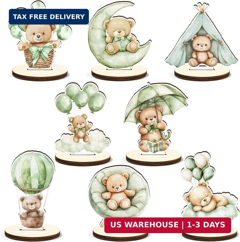 16 Pcs Wooden Baby Shower Table Centerpiece Sage Green Bear Tabletop Detachable