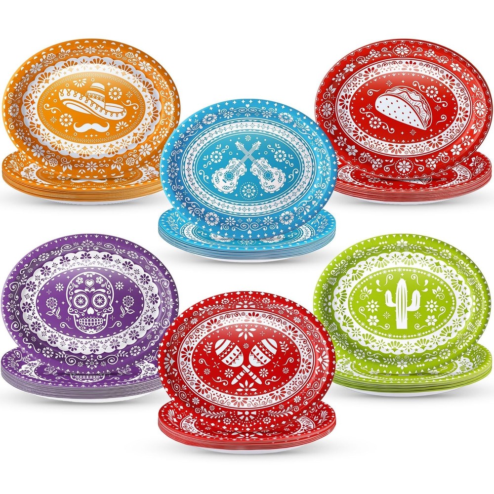 60 Pcs Fiesta Oval Paper Plates 10″ x 12″ Colorful Papel Picado Disposable Pl…