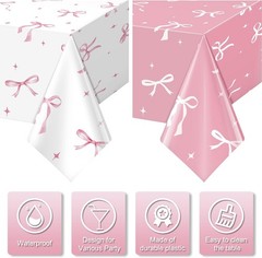 2Pcs Coquette Party Tablecloths Decorations,Pink and White Bow Plastic Table
