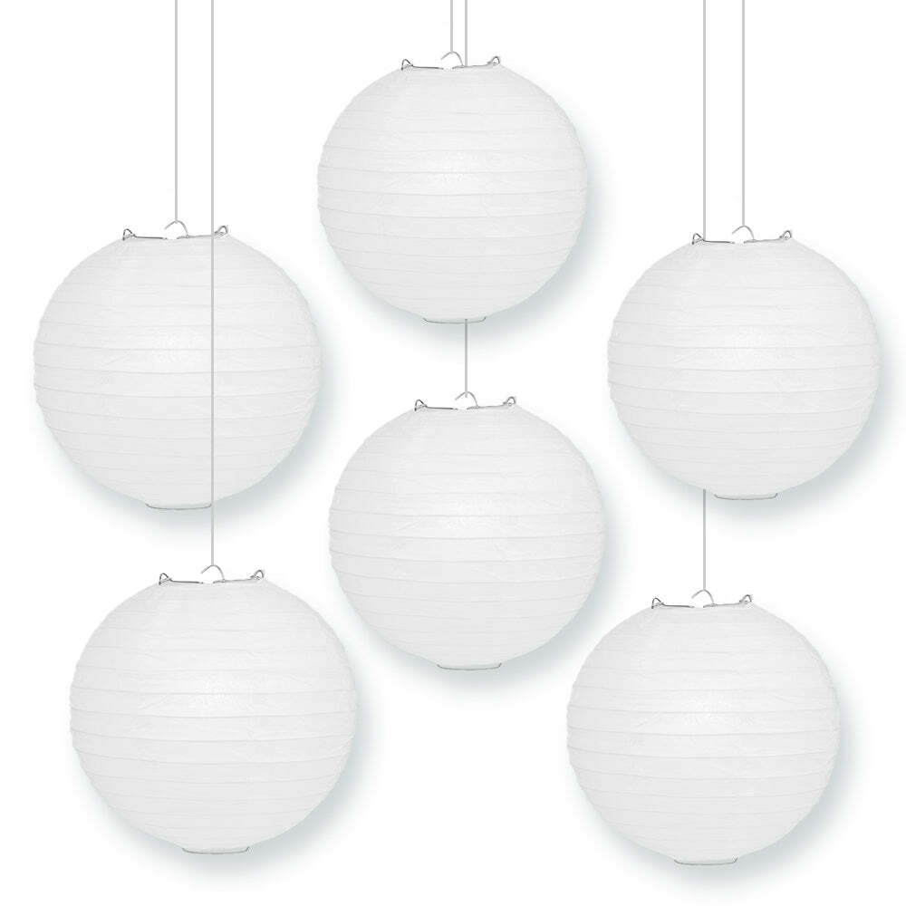 BULK PACK (6) 20″ White Round Paper Lanterns, Even Ribbing, Hanging Decoration