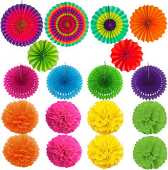 Party Decoration, 21 Pcs Multi-Color Hanging Paper Fans, Pom Poms Flowers, Garla