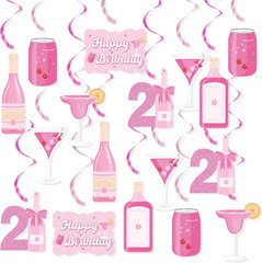 21St Birthday Hanging Swirls Decorations, Pink Champagne Wine Bottle 21St Birthd
