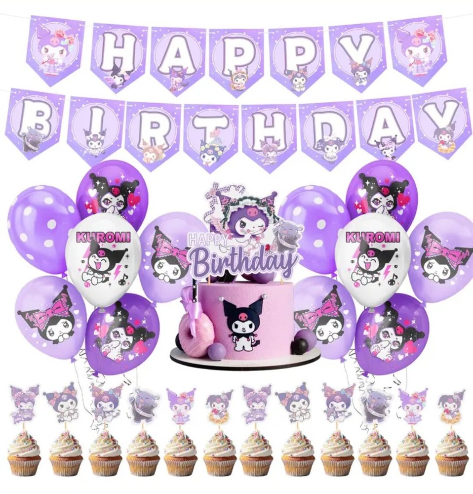 Kuromi BD Party Supplies: cakecupcake toppers, balloons, HBD banner US seller