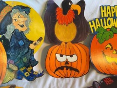 Vintage 10 Halloween Cardboard Diecut Decorations Witch Pumpkin Raccoon Skull ++