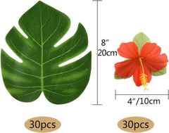 60 Pcs Tropical Party Decoration Supplies 8″ Palmtera Hibiscus Leaves and Flower