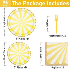 Yellow and White Stripes Disposable Tableware (Plates, Napkins, Forks)