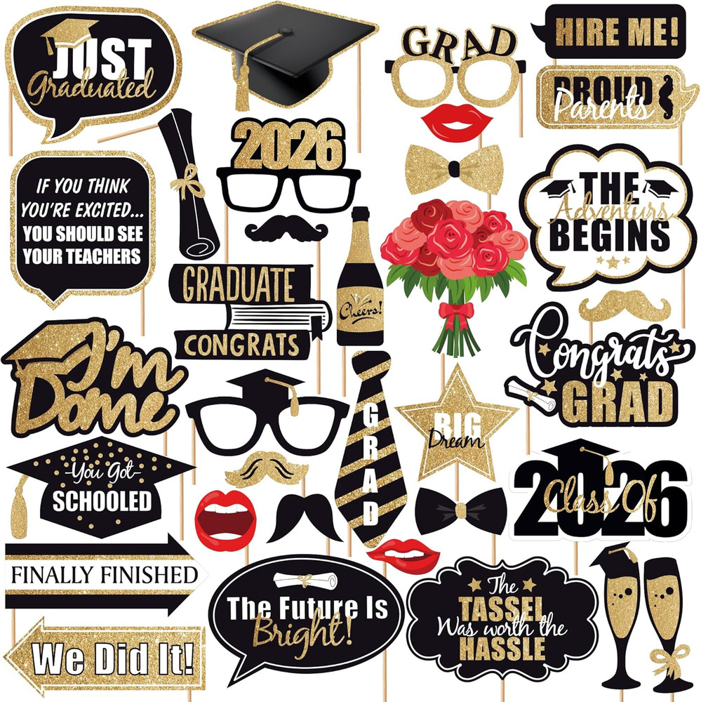 , Glitter Graduation Photo Props 2026 – Pack of 34 | Black and Gold Photo Props