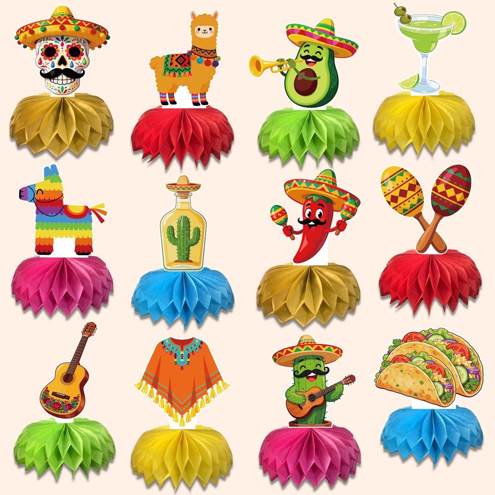 12 PCS Fiesta Mexican Party Decorations 8» Honeycomb Cinco De Mayo Taco Decor