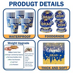 123 Pcs Blue Gold Graduation Decorations 2026 Set – Tablecloth, Plates, Cups, Ba