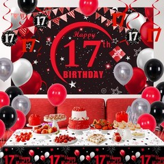17th Decorations for Boys Girls Red and Black, Happy 17th Backdrop Banner, 17…