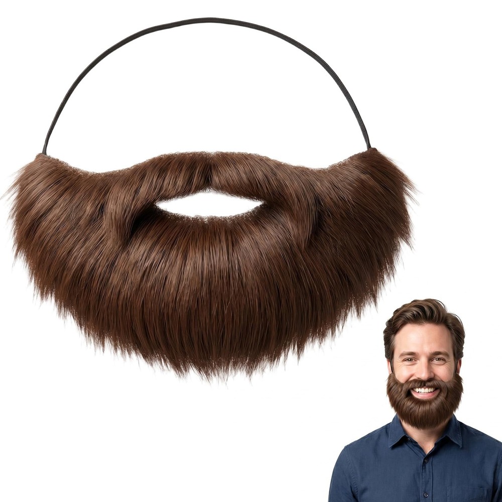 Brown Fake Beard, Fake Mustache with Elastic Band No Glue Realistic Facial Ha…
