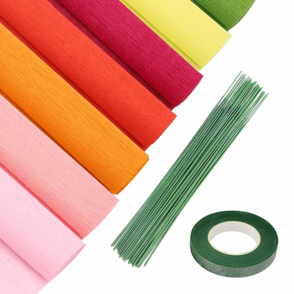 1 Kit Crepe Paper Flower DIY Kit 7 Rolls Rainbow Tape Iron Wire Wedding Craft
