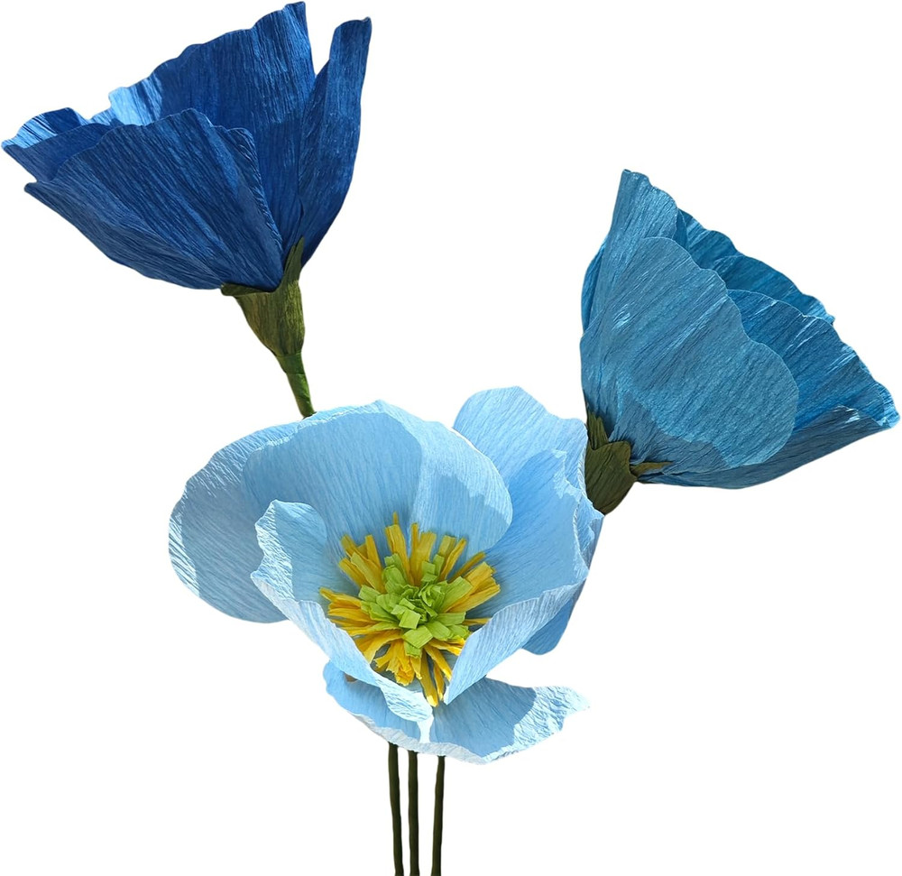 Blue Crepe Paper Poppy Flower DIY Making Kit 24 Pcs Easy-To-Make Handcraft Suppl