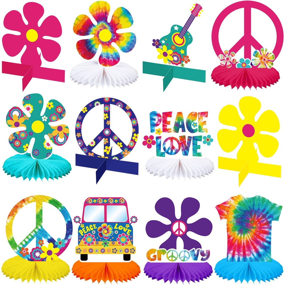 12 PCS Tie Dye Hippie Honeycomb Centerpieces 60s 70s Retro Party Table Decor