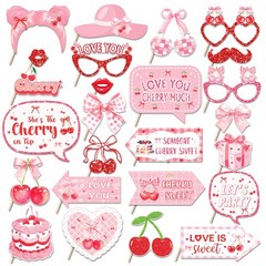 25 Pcs Cherry Photo Booth Props For Party Decoration Supplies Selfie Pink Bow
