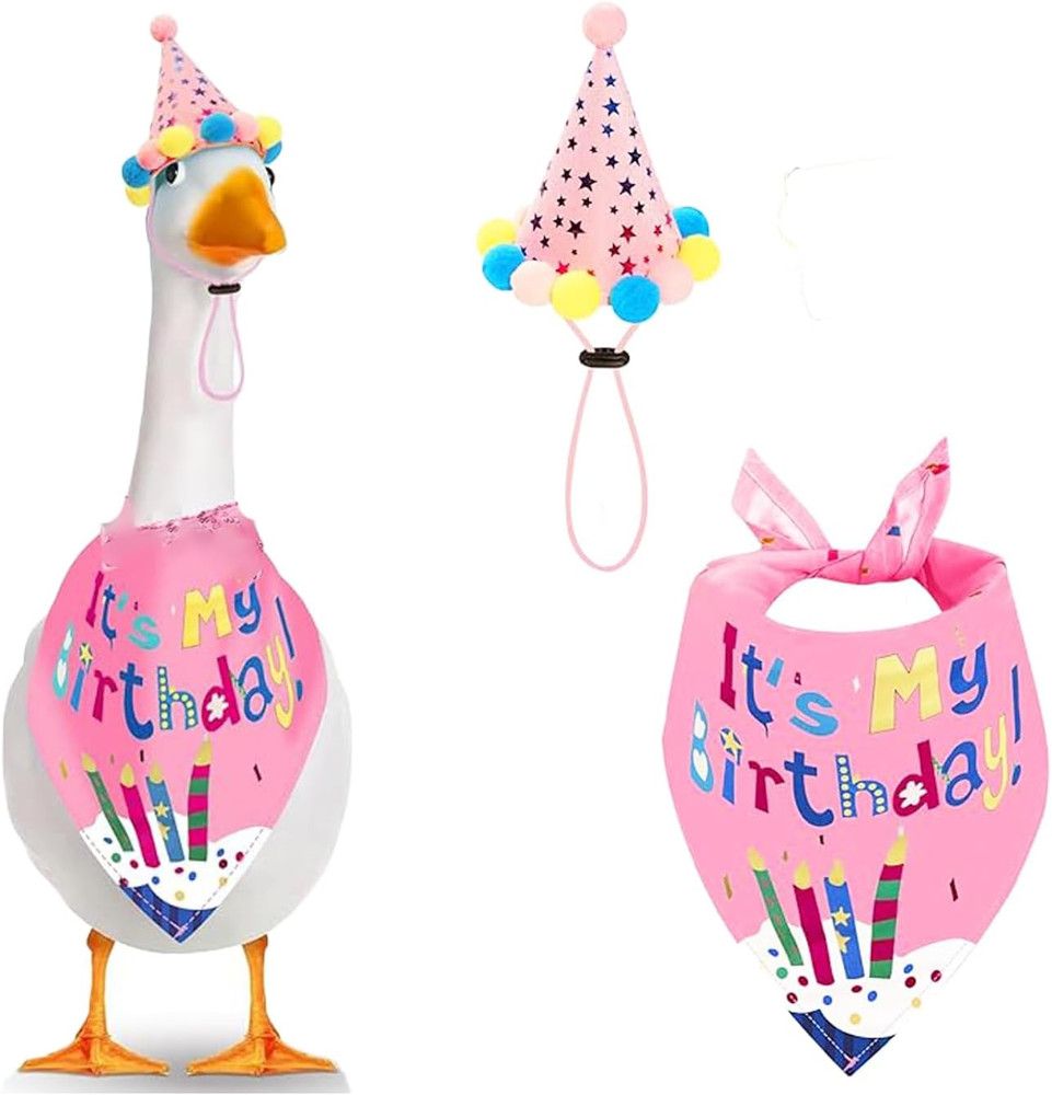 Happy Birthday Decor Porch Goose Outfits with Hat and Birthday Bandana, Yard Goo