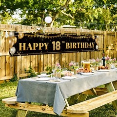 Tzss Large Happy 18Th Birthday Decoration Banner Black And Gold Happy 18Th
