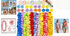 Bulk 60PCS Tropical Leis: Includes Necklaces, Bracelets & Clips for Luau Fun
