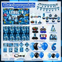 6th Birthday Decorations for Boys, 149Pcs Blue Video Game level 6 Party Suppl…