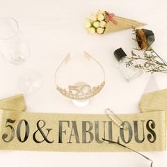 50th Birthday Decorations – Sash, Tiara & Crown for 2 piece Set, Gold