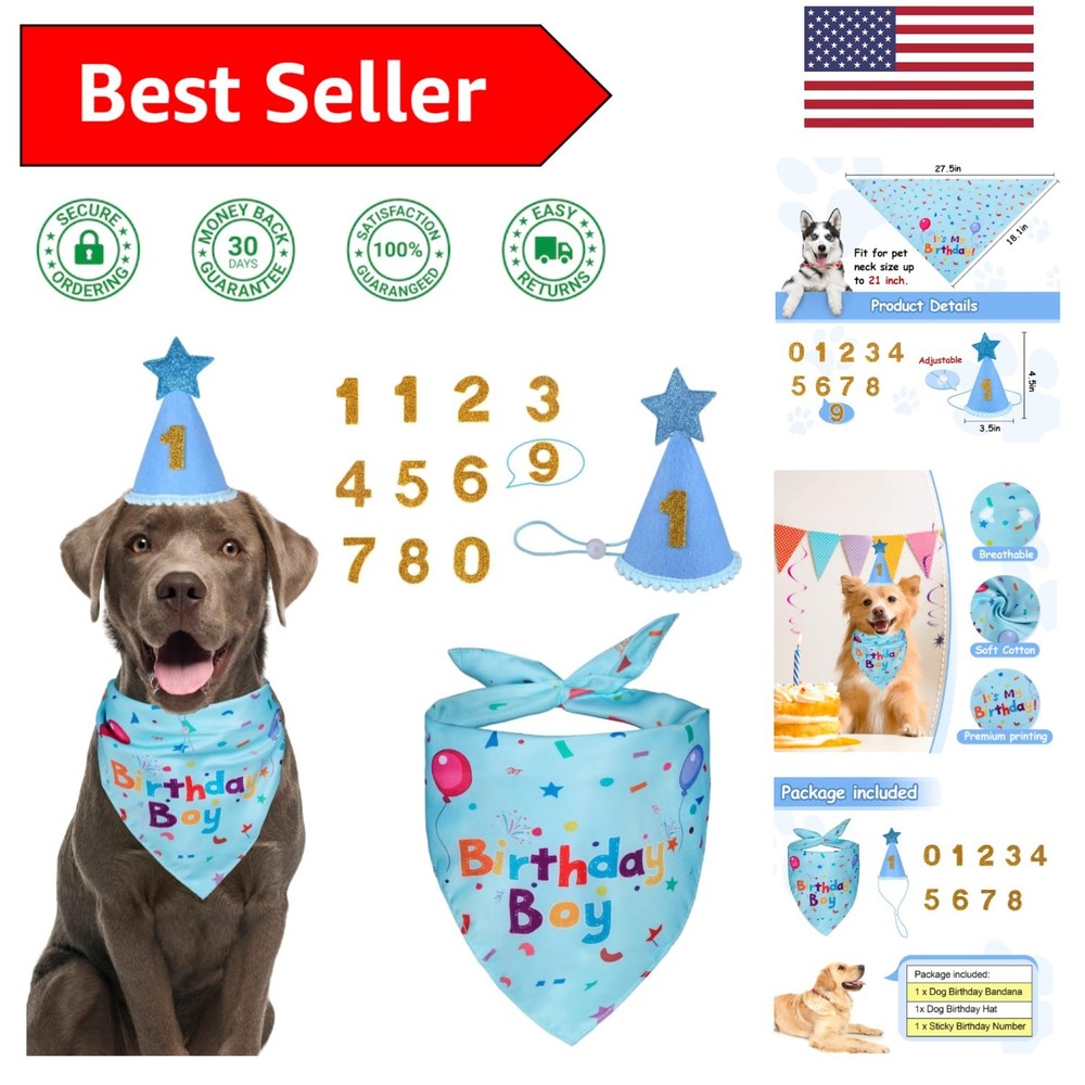 Comfortable Cotton Dog Birthday Outfit: Adjustable Hat & Double-Sided Bandana