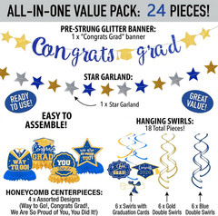 Graduation Party Decorations 2026, Blue and Gold Glitter Congrats Grad Pre-Strun