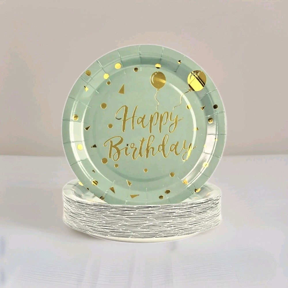 Happy Birthday Paper Plates 25 pack, 7″, Sage Green and Gold Metallic Foil Party