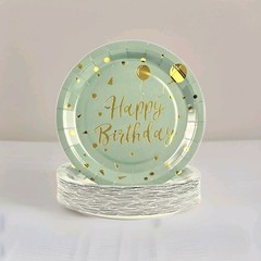 Happy Birthday Paper Plates 25 pack, 7″, Sage Green and Gold Metallic Foil Party