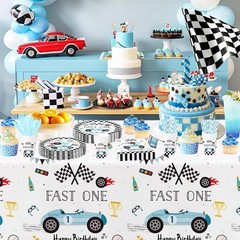 Fast One Birthday Decorations For Boys Tableware – Blue Race Car 1st Birthday Pa