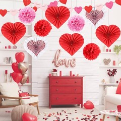 Valentine Day Hanging Decorations Kit Bunting Heart Paper Fans Pompoms Set