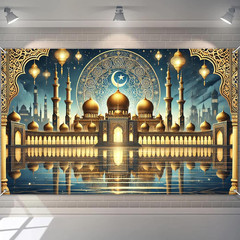 Ramadan Eid Banner Mosque Reflection Backdrop Gold Dome Islamic Wall Decor Ha…