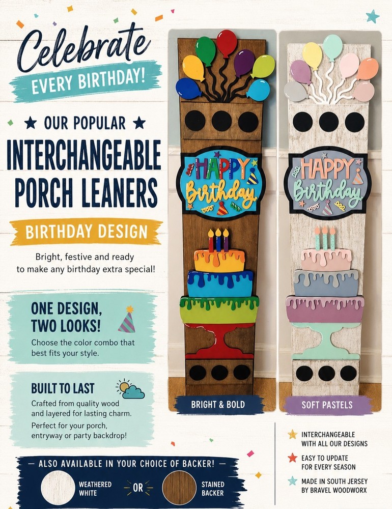 Birthday Interchangeable Porch Leaner – Custom Wooden Front Porch Sign with Swap