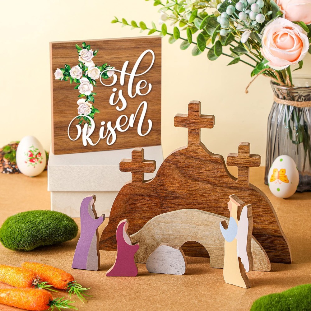 7 Pcs Easter Scene Wooden Decorations Empty Tomb Easter Resurrection Scene Se…