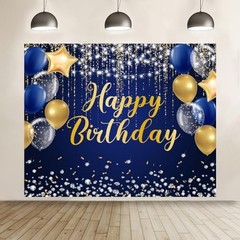 Navy Blue and Gold Happy Birthday Backdrop 10x8ft Royal Blue Birthday Banner