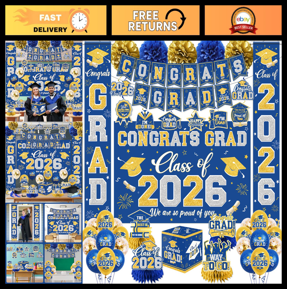 Class of 2026 Graduation Decorations – Blue & Gold Party Supplies, Congrats Grad