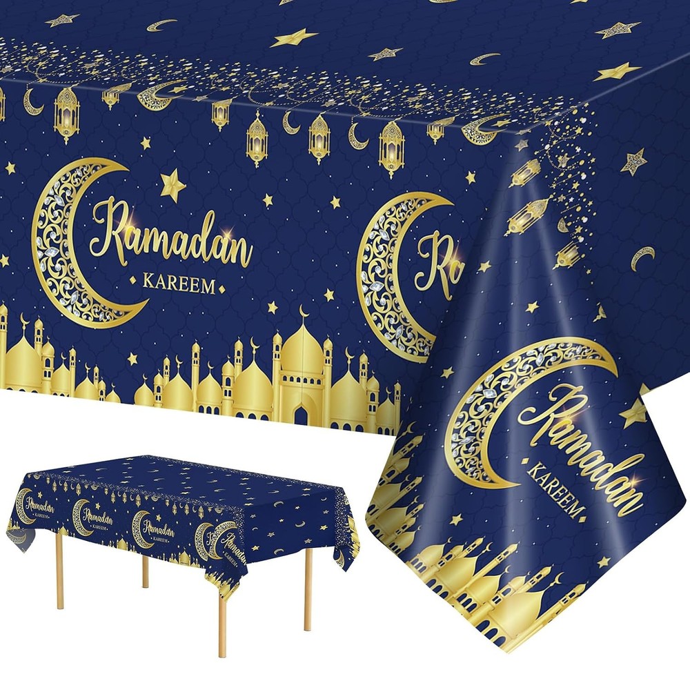 Ramadan Table Cloth Blue Gold Islamic Table Cover Decorations Kareem Party Decor
