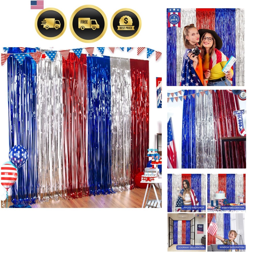 4th of July Decorations, 3 Pack Red White and Blue Metallic Foil Fringe Curta…