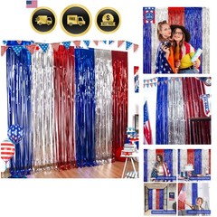 4th of July Decorations, 3 Pack Red White and Blue Metallic Foil Fringe Curta…