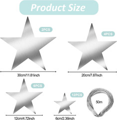 24 Pcs Silver Cardboard Stars Hanging Stars Cutouts for Party Decoration 4 Sizes
